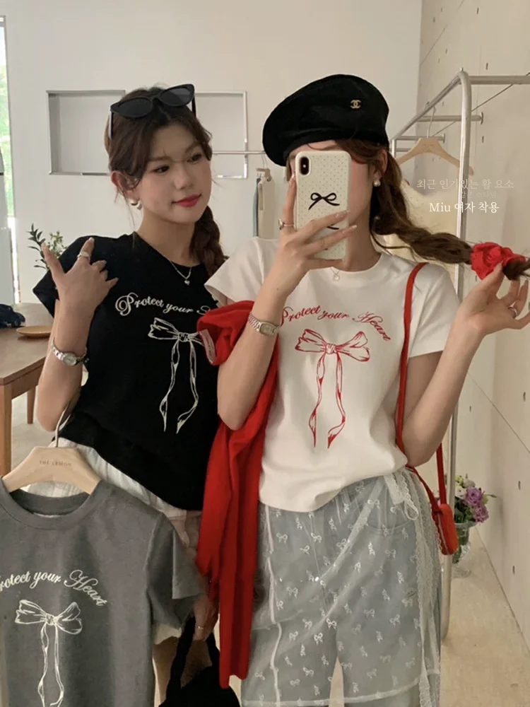 Summer New Korean Pure Cotton Bow Print Round Neck T-shirt Women Loose Casual Shirt Slimming Short Sleeve Oversize Top Ins