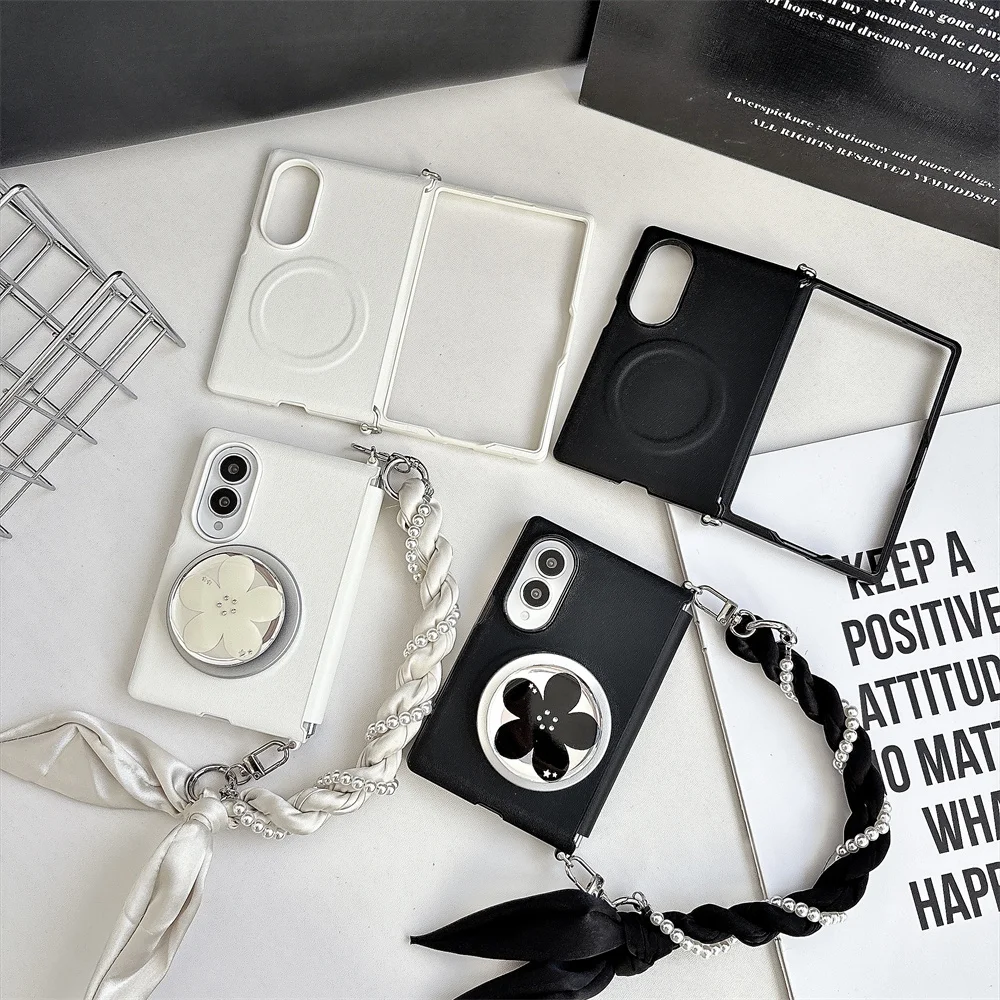 Flower Mirror Stand Pearl Braided Silk Magnetic Phone Case For Samsung Galaxy Z Fold 8  Shockproof Protective Cover For Women