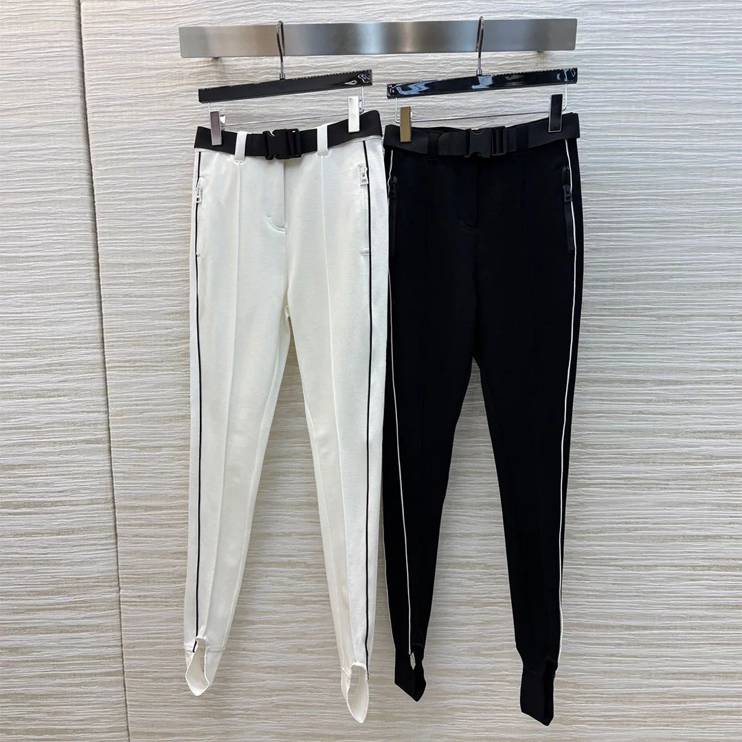 Fashion Casual Skinny Pencil Pants Women Side Stripes High Waist Belt Slim Fit All-matched Cotton Chic Trousers