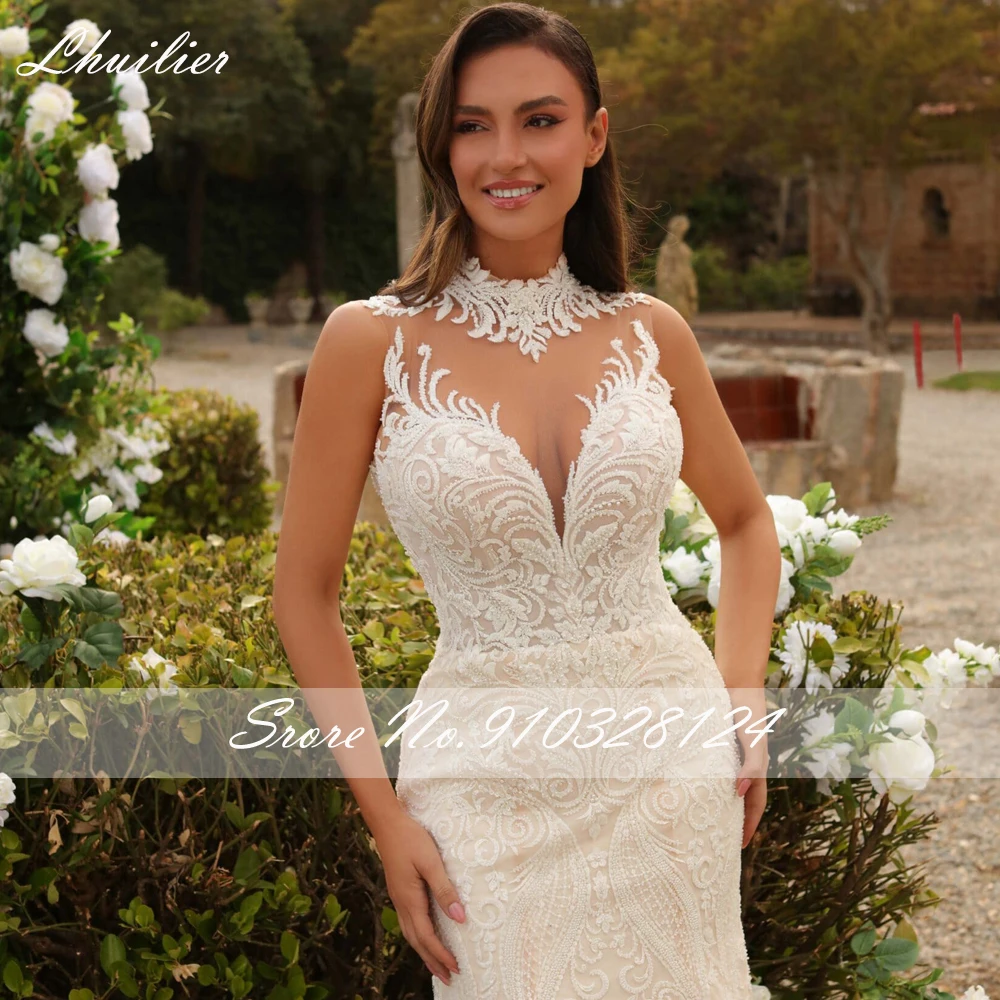 Lhuillier ที่กําหนดเองชุดแต่งงานลูกไม้นางเงือกแขนกุด O คอลูกปัดชุดเจ้าสาวพร้อมรถไฟศาล