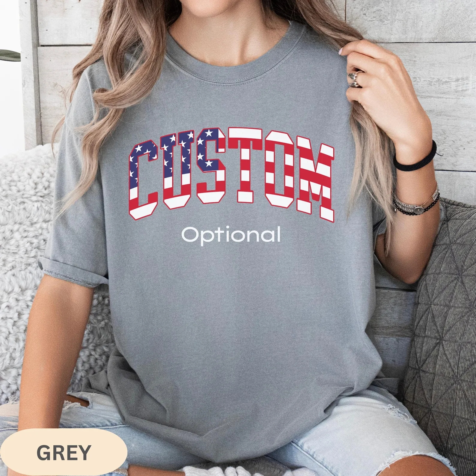 

Custom USA American Flag T-shirt Unisex Personalized Flag Patriotic T-shirt July 4th Matching Name Logo Text Shirt Gift