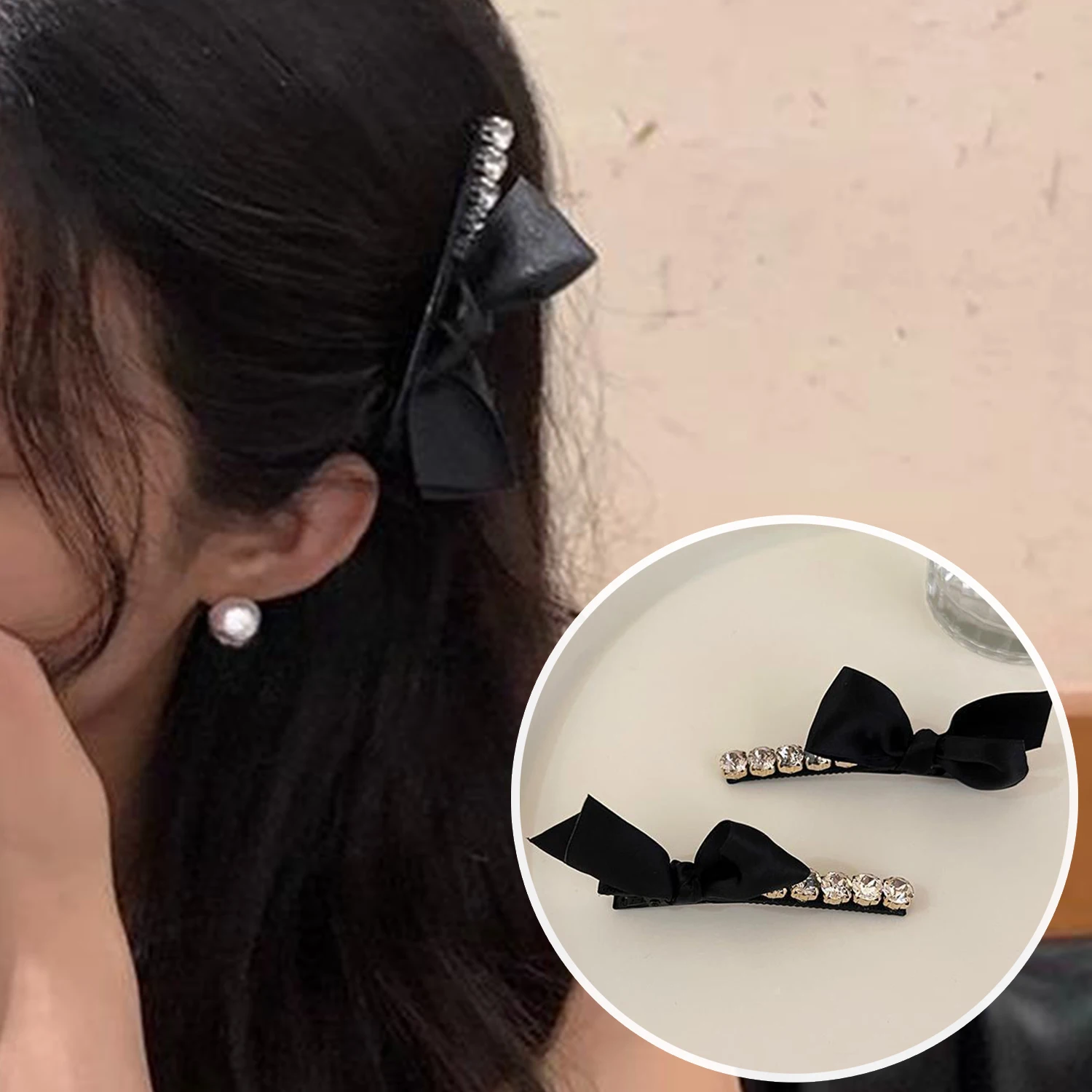 Vintage Black Bow Rhinestone Hair Clip Sweet Elegant Bowknot Duckbilled Hairpin Barrette Y2K Hair Accessories For Women