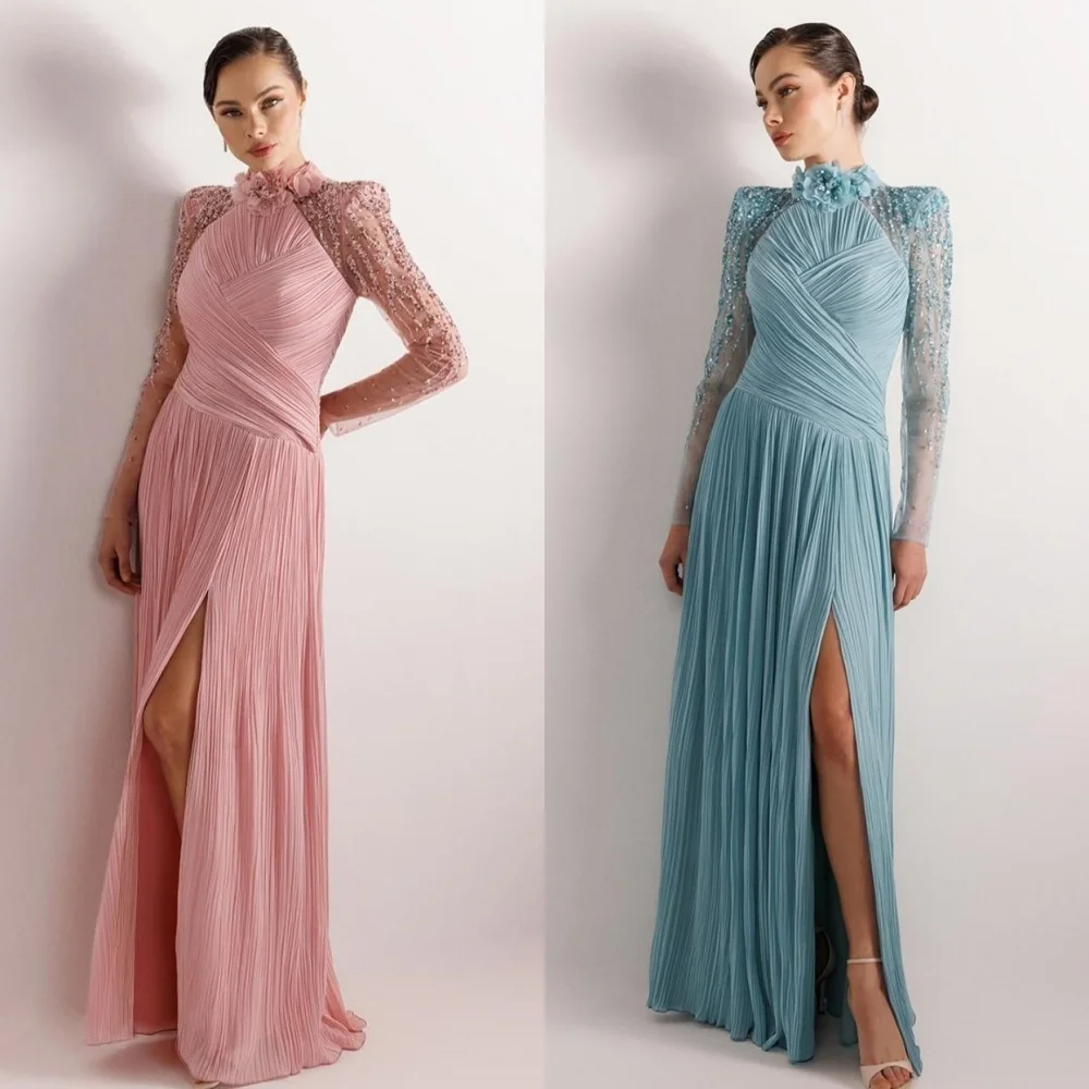 

Customized Simple Chiffon Sequined Beading Flower A-line High Collar Long Dresses Bespoke Occasion Modern Style