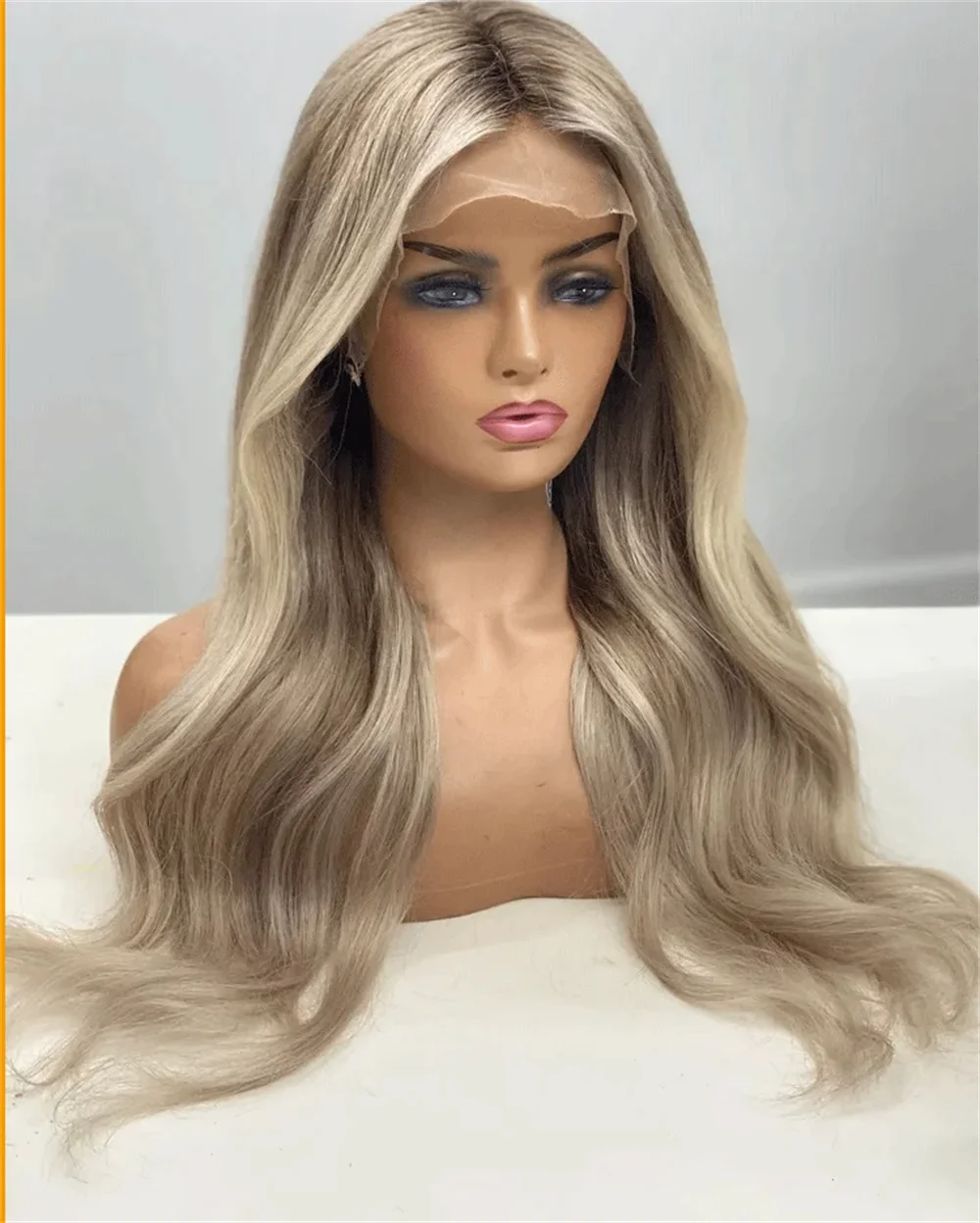 Ash Blonde Balayage Synthetic Wig Dark Roots 13x4 Lace Front HD Glueless Wig Loose Wave Blend Human Hair Wig for Women Daily Use