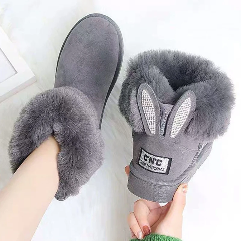 Sweety Ankle Boots Women Winter Shoes Suede Woman Snow Boots Rabbit Ear Women\'s Furry Botas De Mujer Warm Plush Cotton Shoes