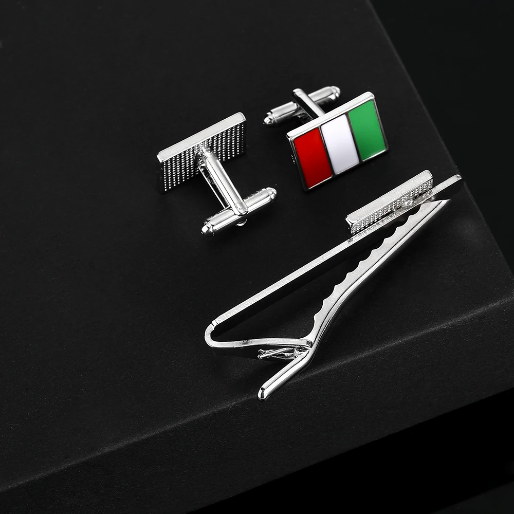 Flag of Italy Cufflinks&Tie Clip Set Red White Green Bandiera d\'Italia Sleeve Button Jewerly Accessories