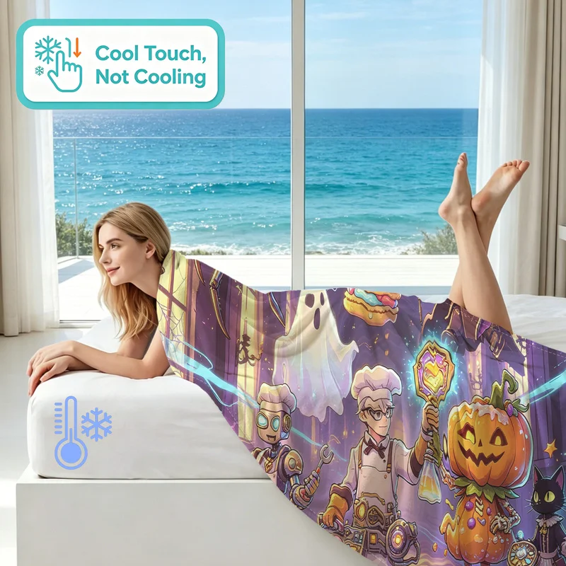Polyester Cooling Blanket,Ultra-Soft,Skin-Friendly,Portable,Durable,Cartoon Halloween Chef,Robot,Pumpkin,Ghost Cat Motif