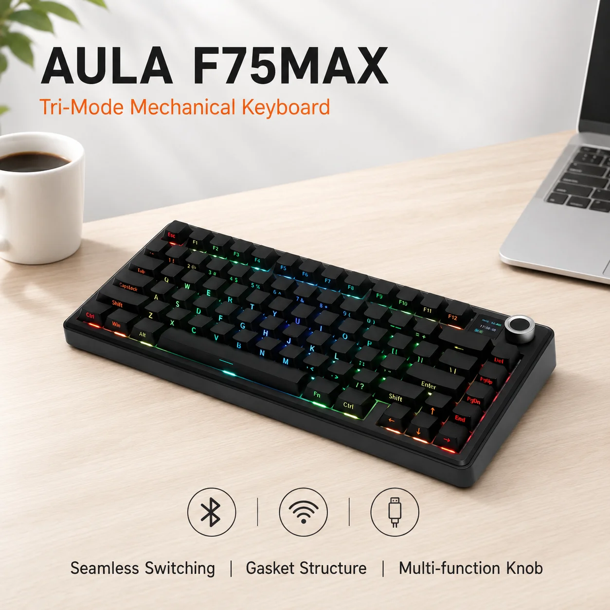 AULA F75 MAX Mechanical Keyboard Combo Custom 75% Layout RGB Backlight Wireless Bluetooth Hifi Switch Gaming Keyboard