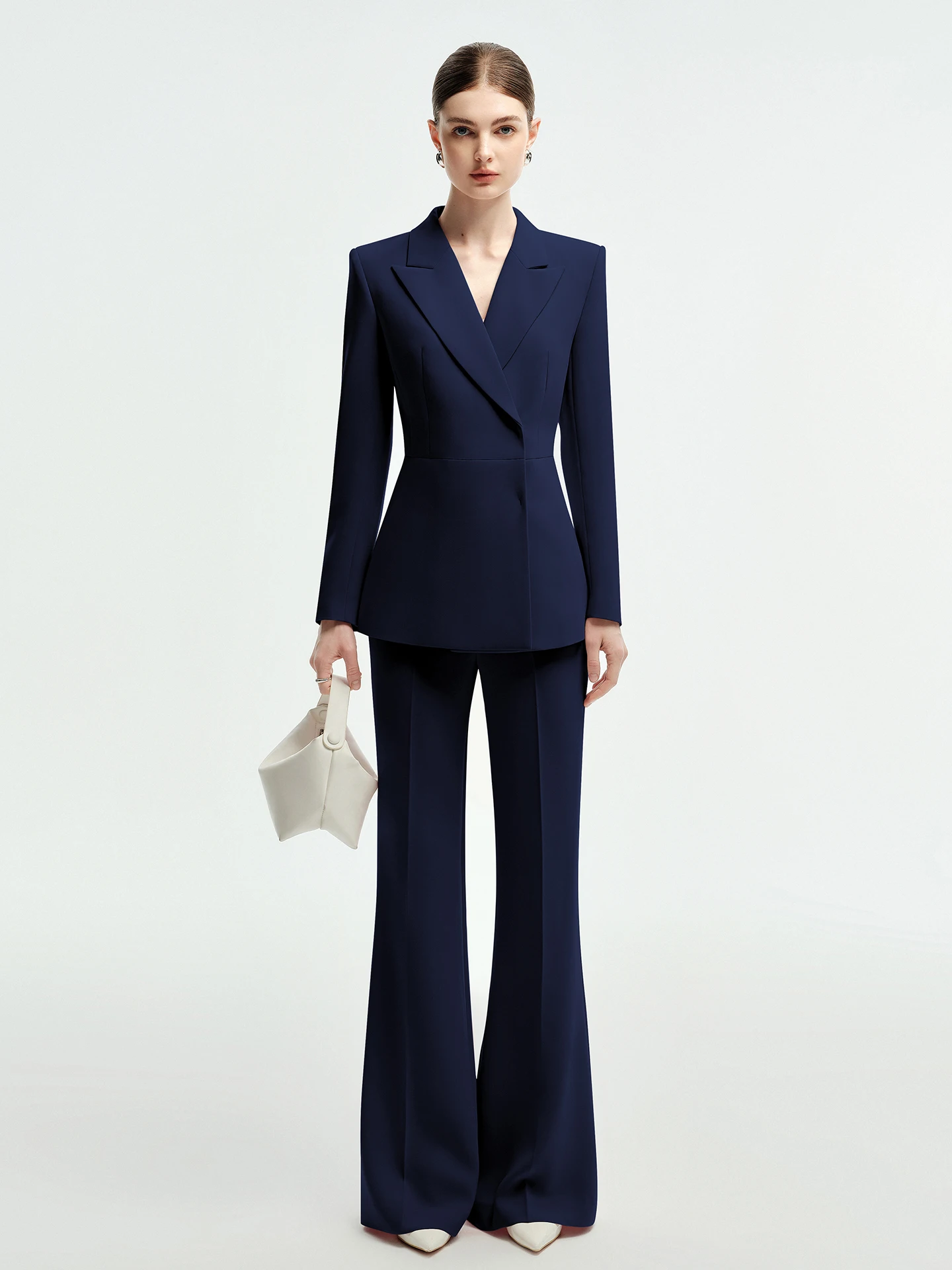 

Модный деловой женский костюм темно-синего цвета с брюками микро-клеш, профессиональная рабочая одежда, комплект для офиса и поездок на работу