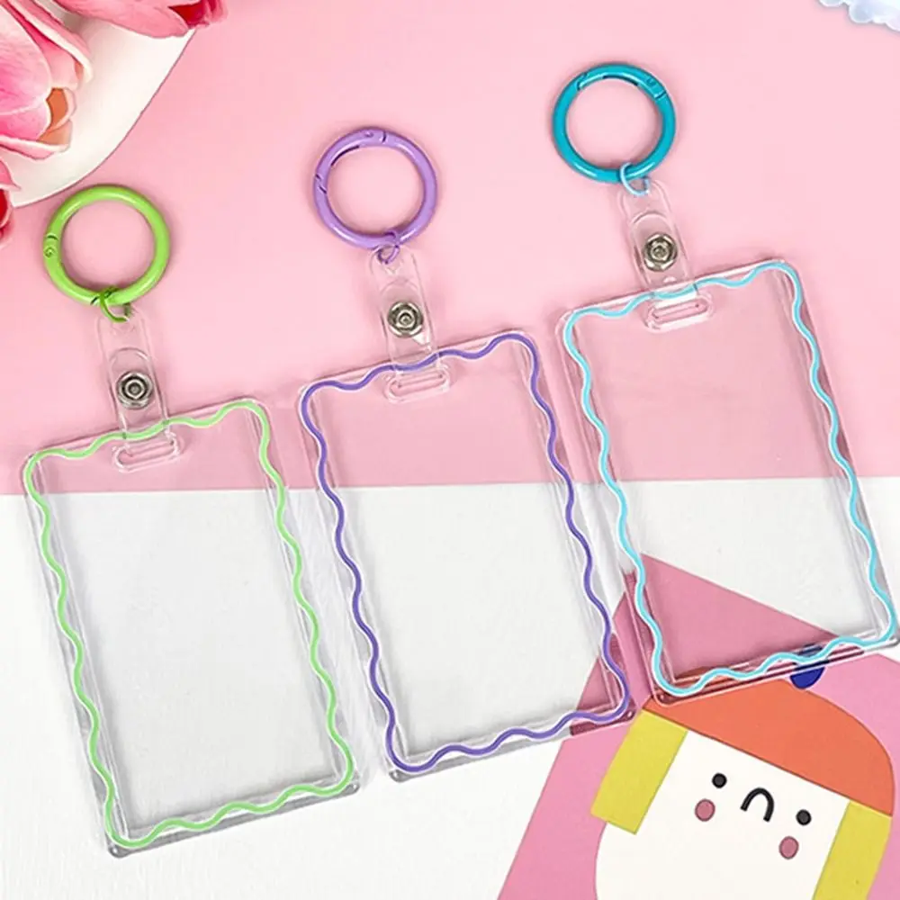 Acrylic Transparent Card Holder Stripe Wave Card Case Keyring Keychain Card Access Control Students Bus Card Cover