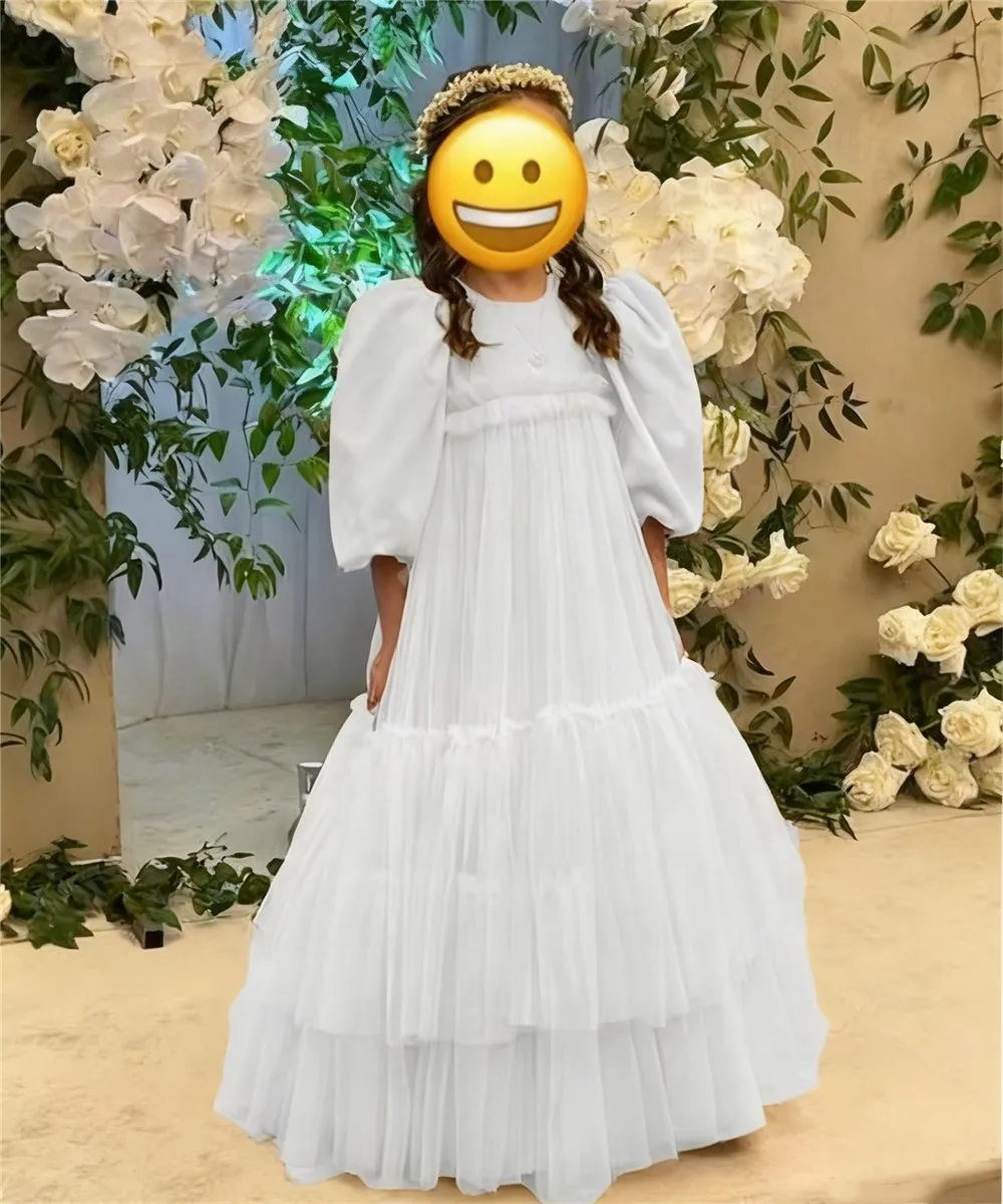 فستان فتاة الزهور مخصص لحفلات الزفاف مطوي تول منتفخ نصف كم فستان حفلة عيد ميلاد للأطفال أول مناولة #4