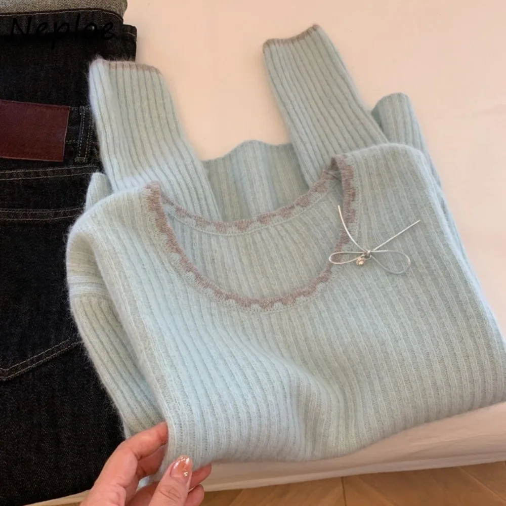 

Neploe Simple Slim Commuter Korea Chic Pullovers Fluffy Bow Gentle O Neck Sweaters All-match Stripe Knit Literary Women Jumper