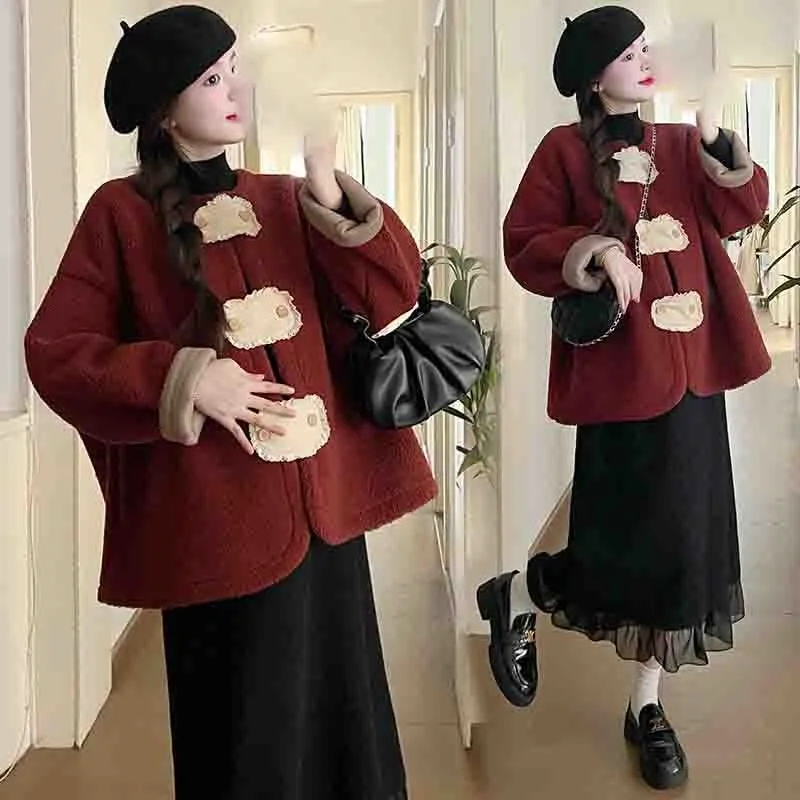 

2025 Pregnant Women Autumn/Winter Clothing Set Maternity New Chinese Style Long Sleeved Coat Knitted Long Skirt 2-piece SetLI208
