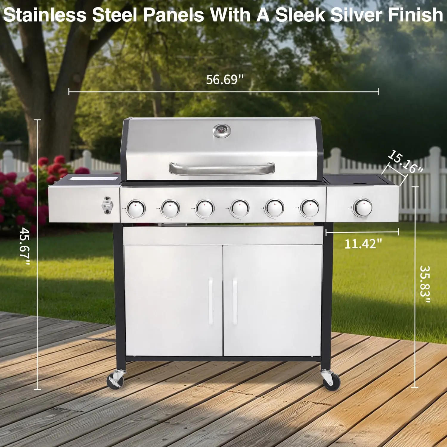 6 Burner Propane Gas Grill with Side Burner, Cast Iron Grates & Griddle Combo, Large Cabinet BBQ with Warming Rack, Customized