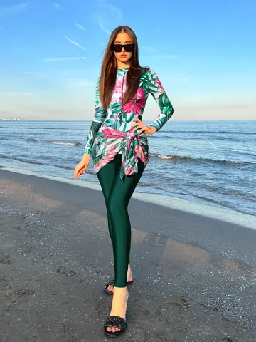 3pcs 새로운 Burkini Femmes 올 커버 수영복 긴 소매 녹색 꽃 프린트 아라비아 비치웨어 Sarong SPF50 + 다이빙 슈트 세트