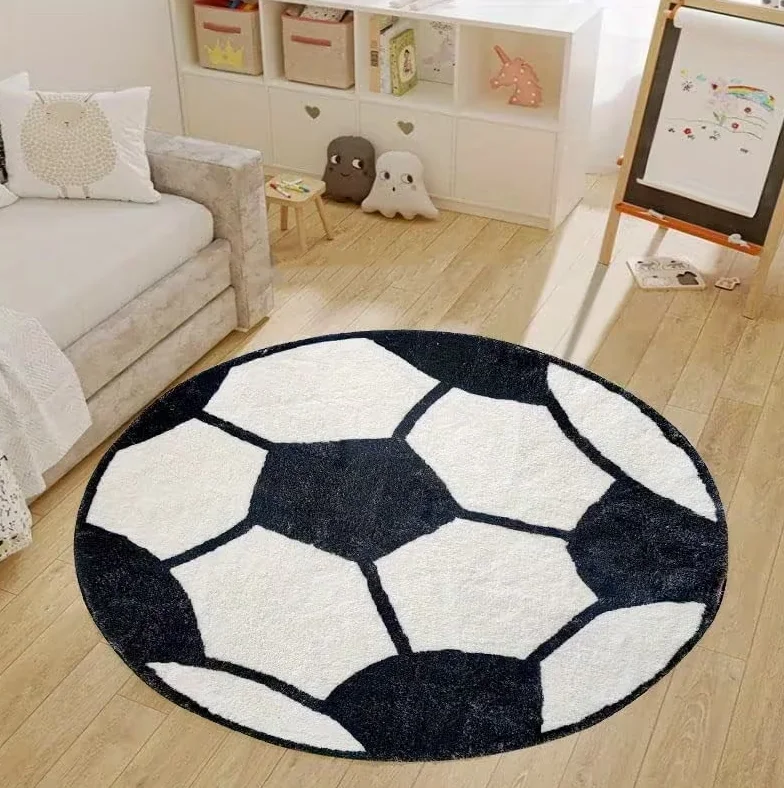 Tapis de sol en flanelle coloré avec des motifs de football, de basketball et de tennis, adapté aux chambres à coucher ou aux salles de jeux