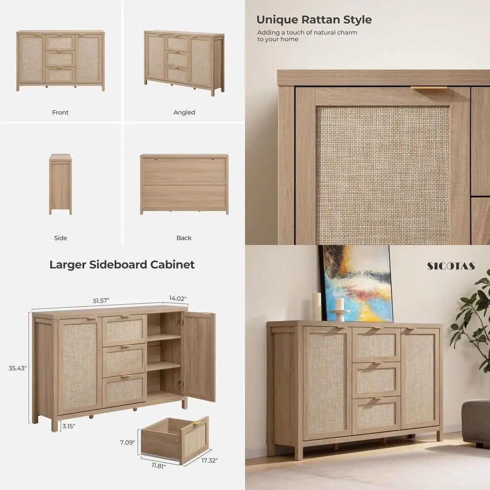 

Буфет из ротанга в стиле бохо, 52 дюйма, цвет светлый дуб, с отсеками для хранения и 3 ящиками, идеально подходит для гостиной, кухни и кофейни