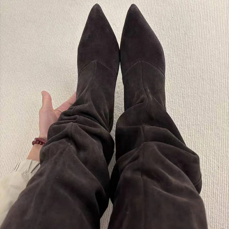 Suede Slouch Knee High Boots Women Stylish Pointed Toe Low Heel Long Boots Vintage Chic Ruched Design Fashion Fall Brown Boots