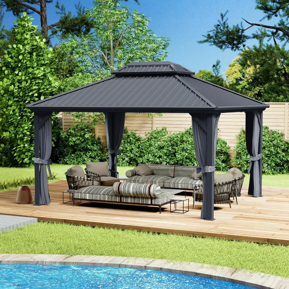 

10x12FT Gazebo Double Roof Canopy Outdoor with Netting and Shaded Curtains, Aluminum Frame Polycarbonate Hardtop Garden Tent