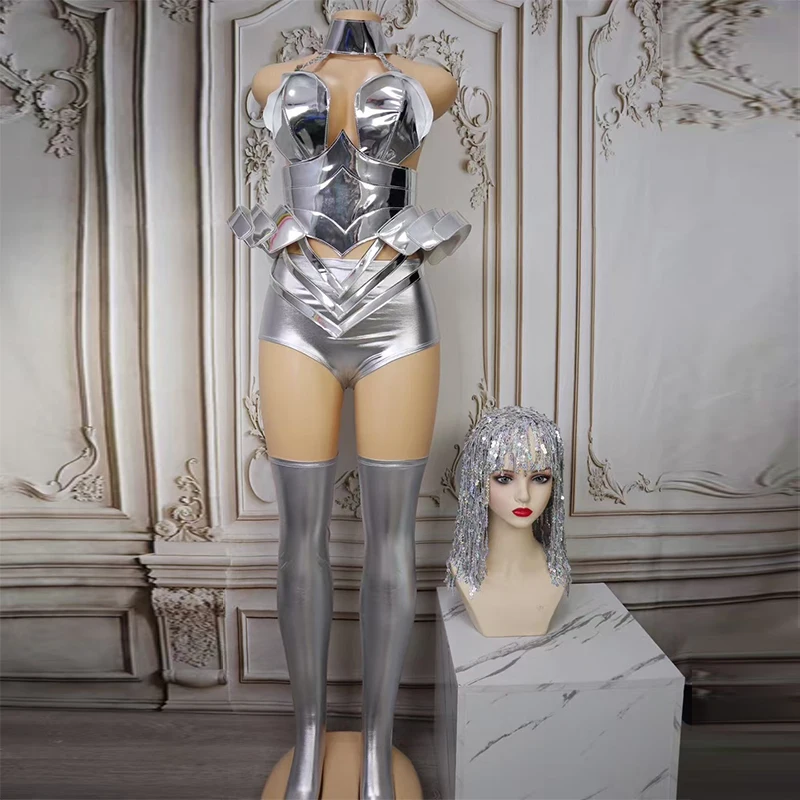 Silver Armour Drag Queen Outfit Women Gogo Nightclub Stage Wear Festival Party Show Clothes Carnival Costume Pole Dance Outfit