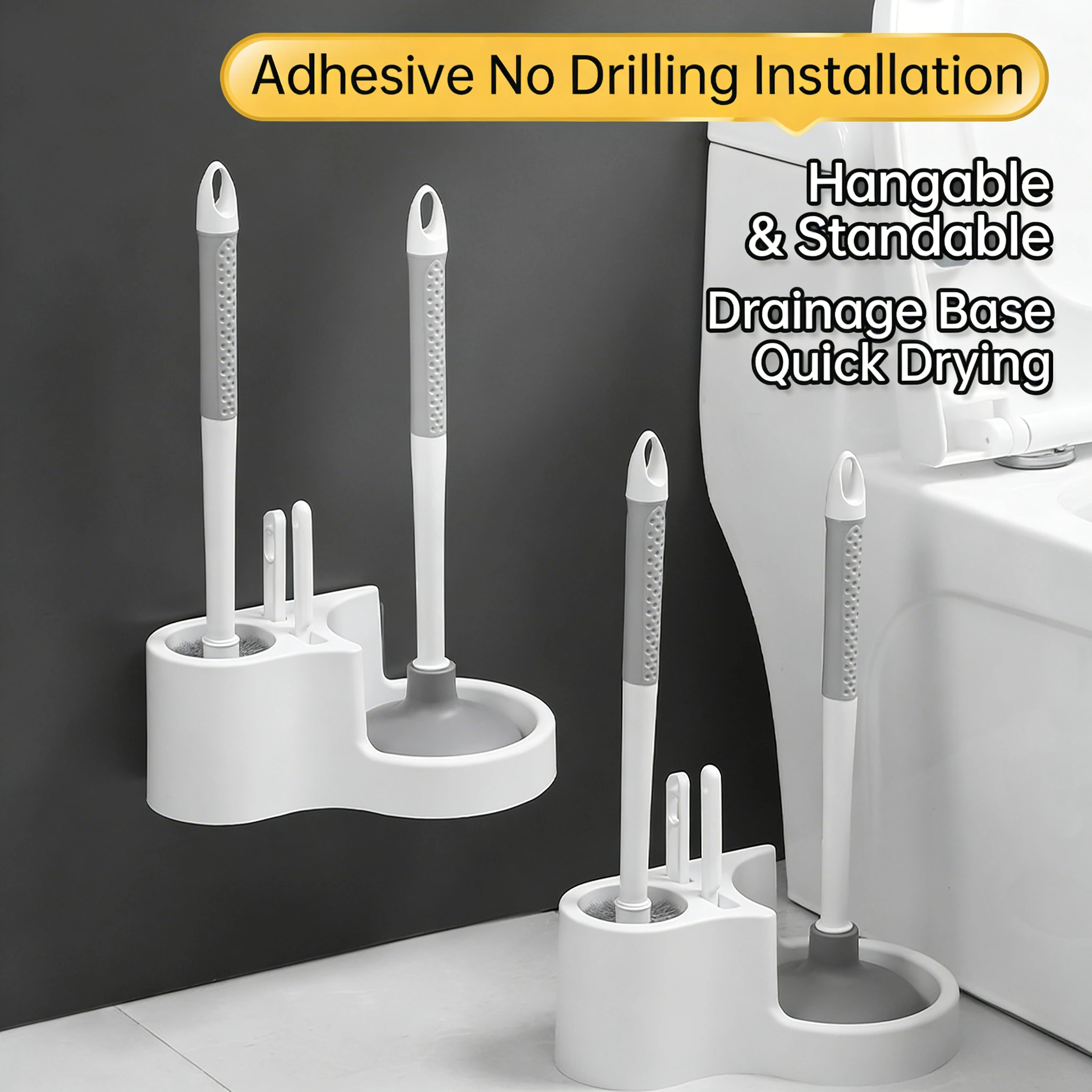 

4 in 1 Toilet Brush Holder Long Handle Wall Mounted Toilet Plunger No Dead Angles Toilet Bowl Brush Bathroom Maintenance
