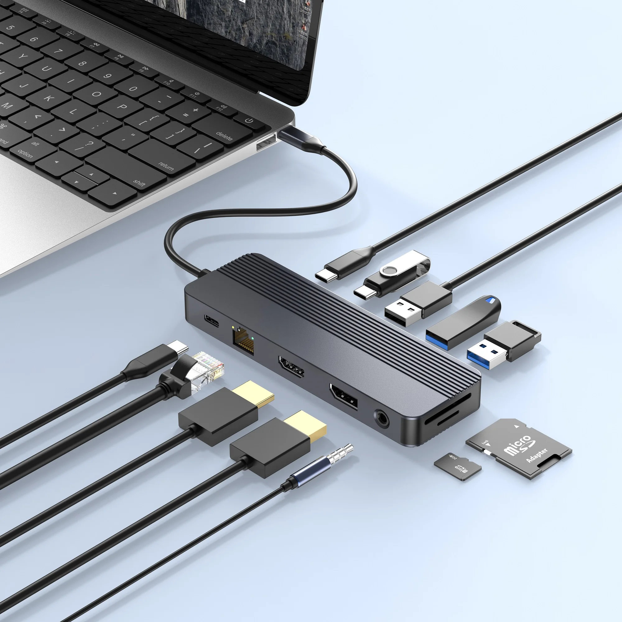 12-in-1 USB C Docking Station with Dual 4K 60Hz HDMI, 100W PD Charging, 10Gbps USB-C/A Ports, SD/Micro Card Reader
