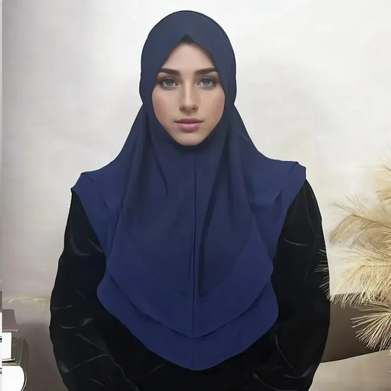 حجاب نسائي حجاب فوري وشاح شو خيمار 2 طبقة قصيرة دانتيل عمامة متواضعة صلاة مسلمة حجاب جلباب عربي نسائي Musulman