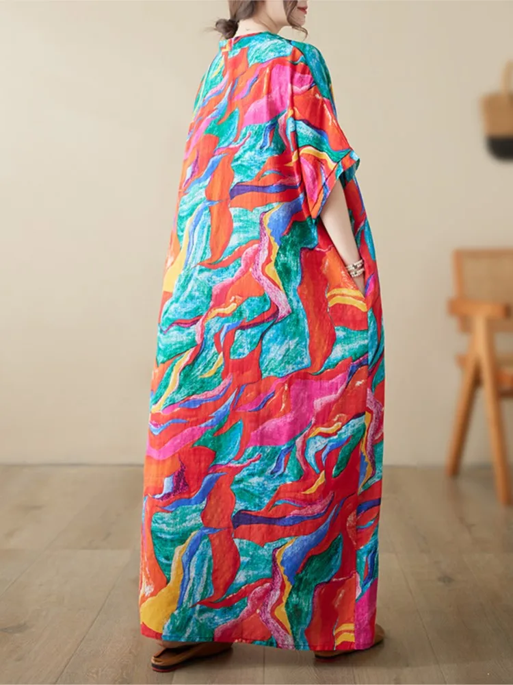 Robe longue plissée à imprimé graffiti pour femmes, robes à col en V, manches courtes, décontracté, été