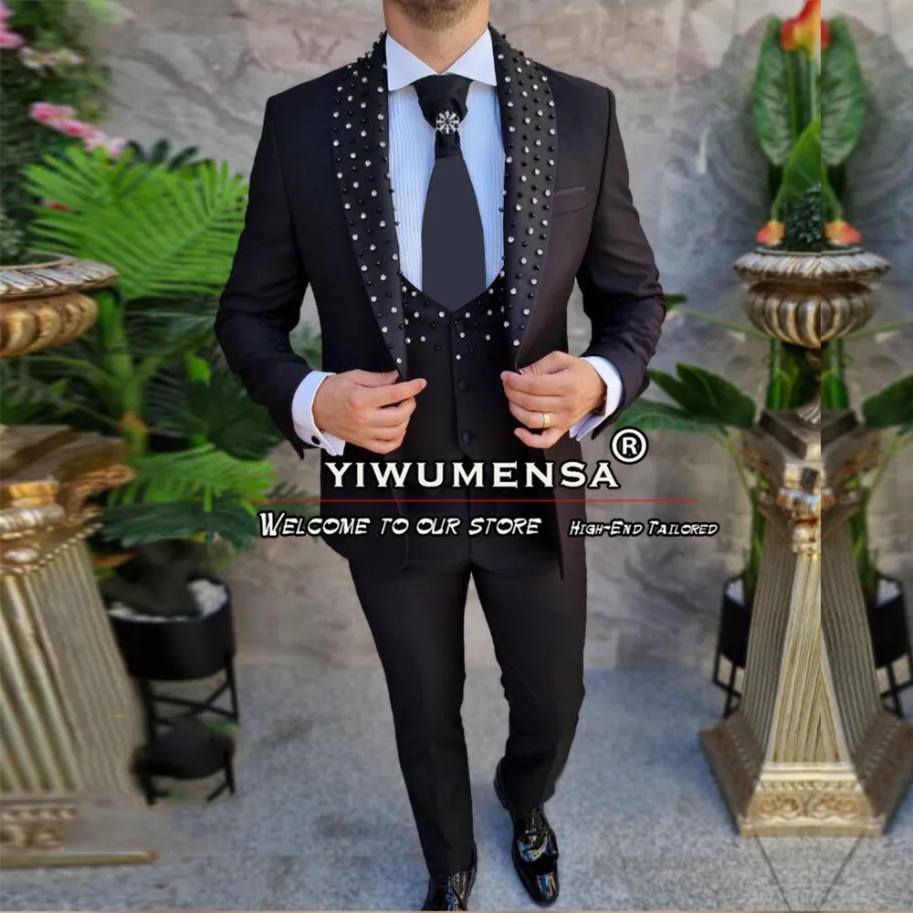 

Luxury Men Suits Sparkling Stones Beaded Jacket Vest Pants 3 Pieces Formal Banquet Wedding Groom Tuxedos Custom Made Prom Blazer