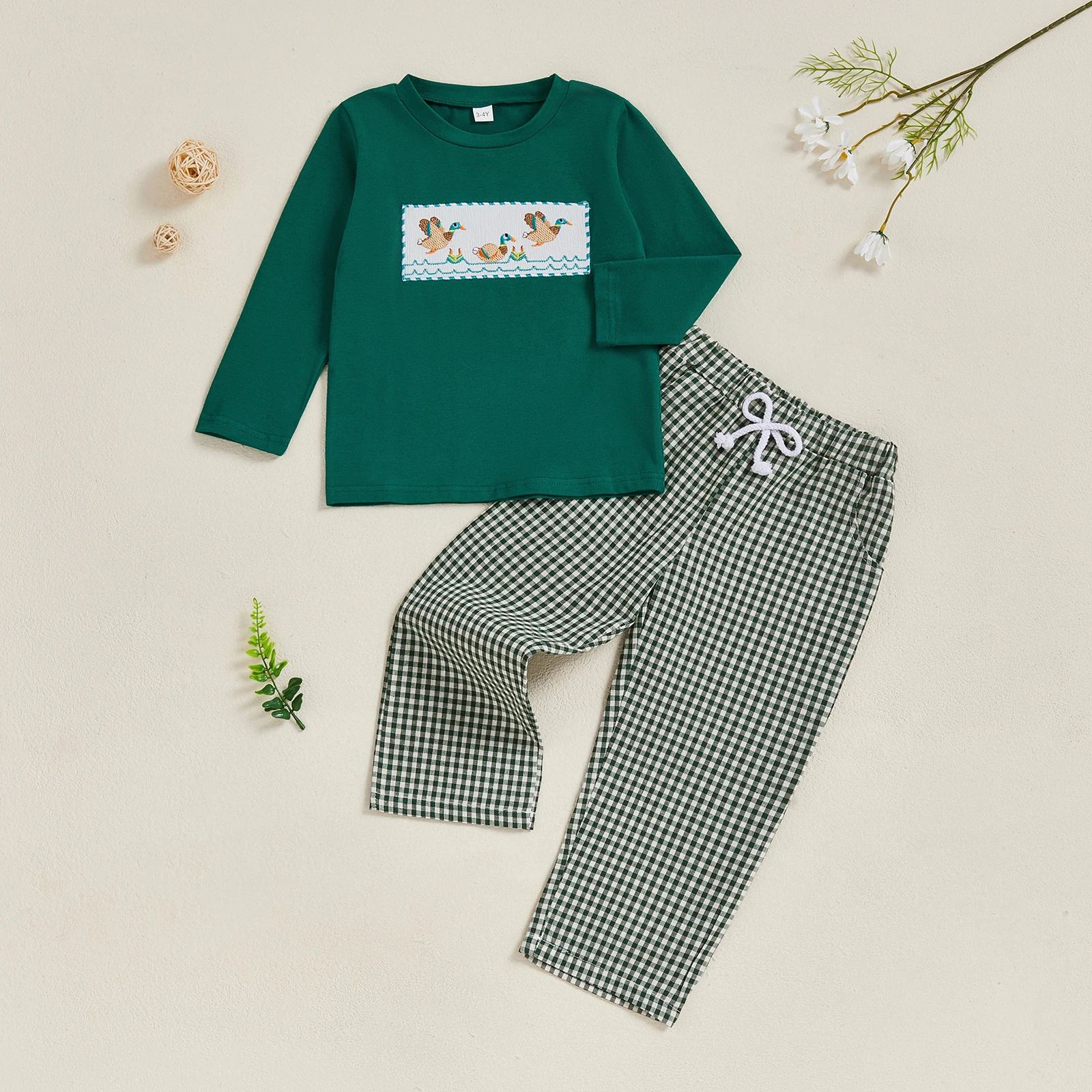 

Infant Boy Autumn Ensemble Quilted Duck Applique Sweatshirt with Checkered Trousers 2 Piece Suit