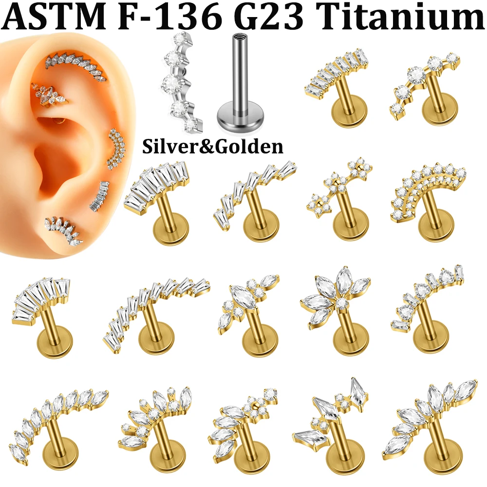 2/1 Stück Pferdeauge CZ Gebogener Blumen-Lippenpiercing mit flacher Rückseite aus G23 Titanlegierung mit Innengewinde, Zirkonia-Ohrknorpel-Tragus-Ohrring – Detail 1