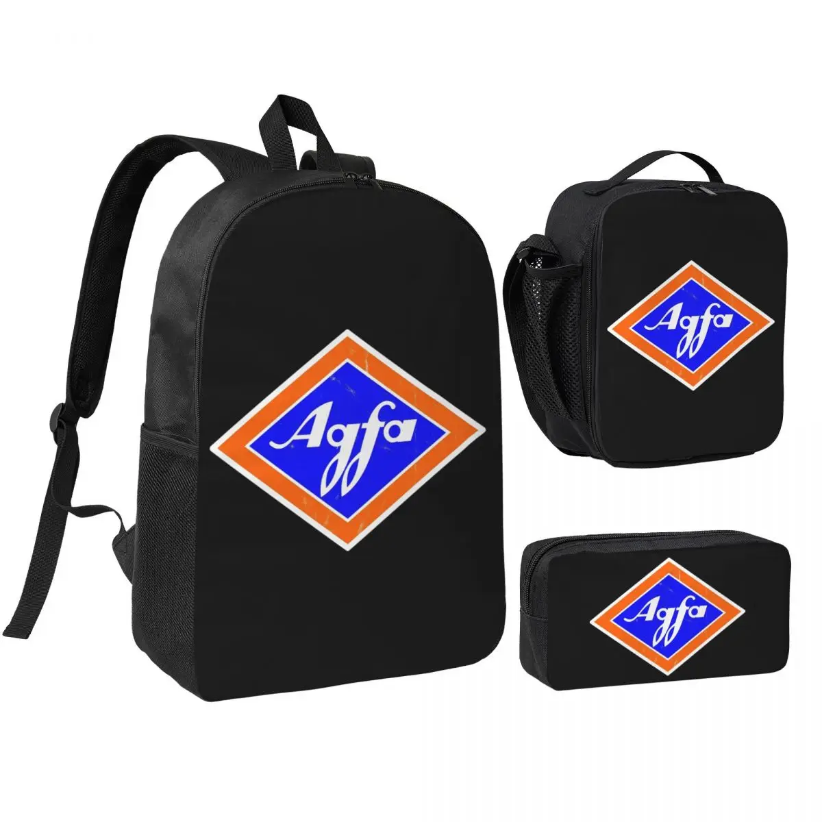 Mochila retro con logotipo de Agfa Film de los años 60, mochila escolar para niños y niñas, bolsos de hombro, 3 piezas, bolsa térmica para el almuerzo, estuche para lápices