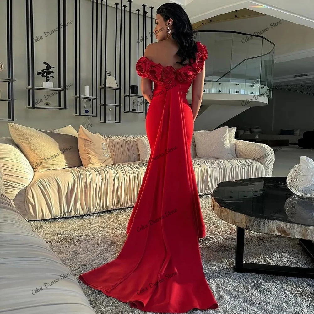 Modern Red Mermaid Formal Evening Dress Satin 3D Flowers Sleeveless Off the Shoulder Special Occasion Gowns with Panel Train