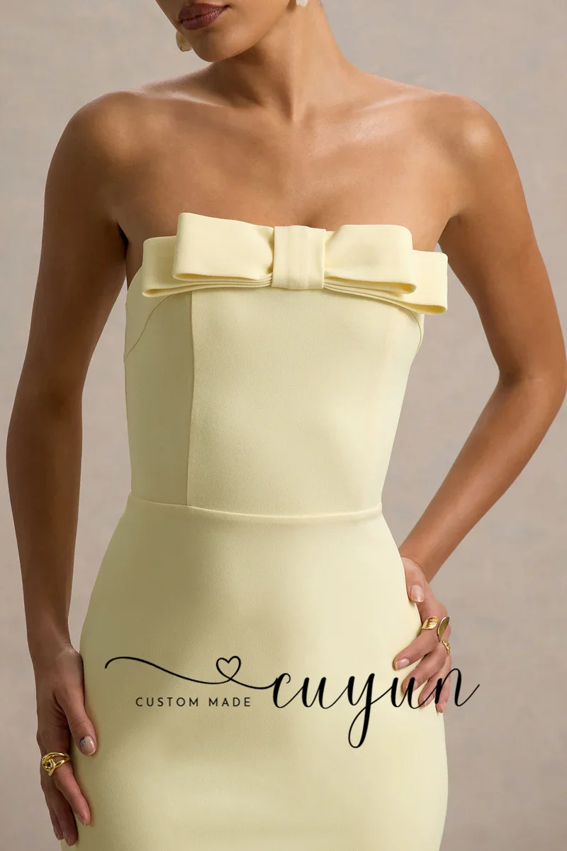 CUYUN Aangepaste Lichtgeel Strapless Boog Feestjurk voor Speciale Gelegenheden Terug Split Vloerlengte Avondjurk Diner Jurk