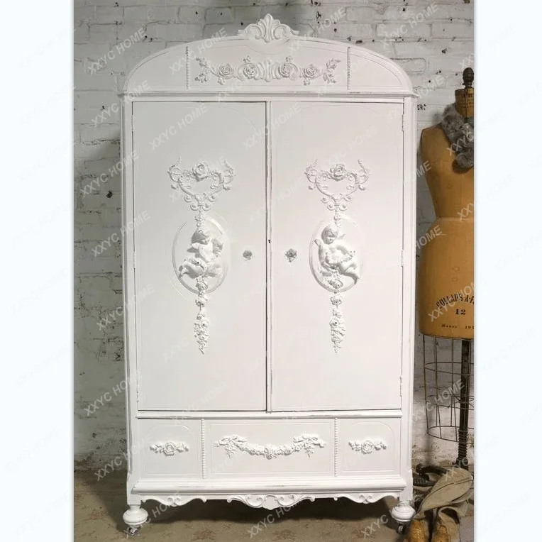 L retro old angel carved solid wood wardrobe double door children's wardrobe