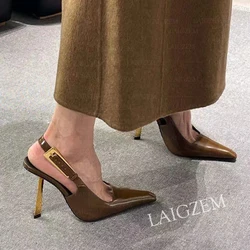 DOHBANER Women Pumps Pointy Toe Slingbacks Metal Stiletto High Heels Dress Party Prom Handmade Shoes Woman Big Size 35 38 41 43