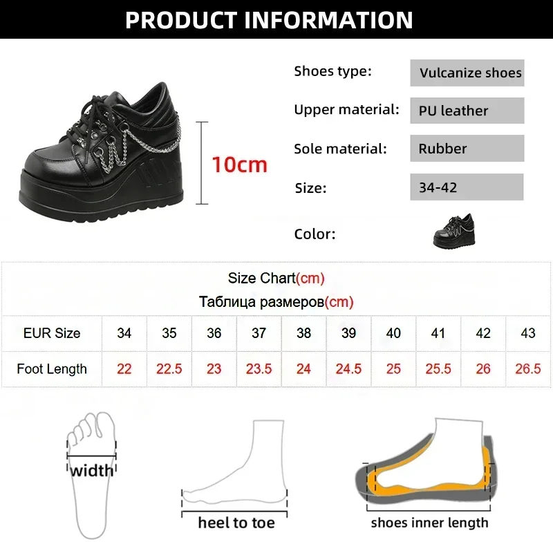 2024 New Metal Chain Punk Gothic Shoes Woman Thick Bottom High Wedge Sneakers for Women 2023 New Black Chunky Platform Shoes