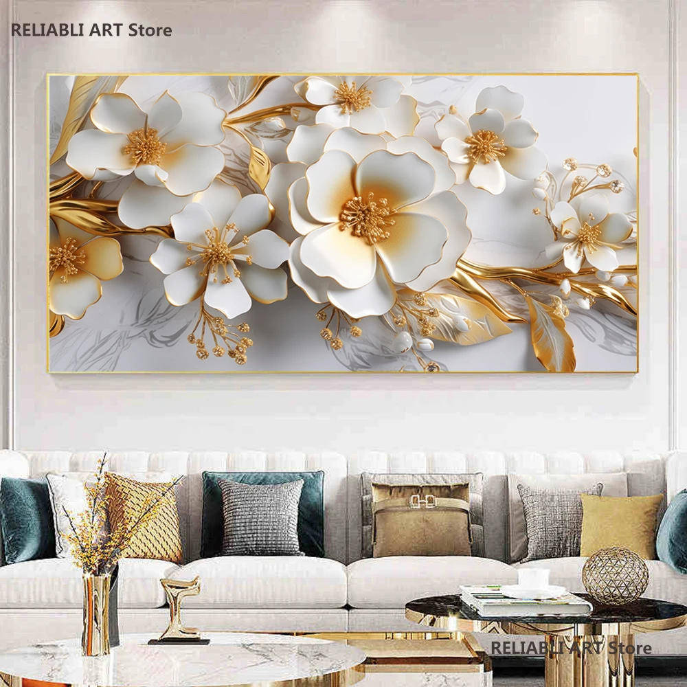 

Abstract Art Golden Flowers Marble Backgrond Poster, Home Decor, Wall Art Floar Picture, Nordic Living Room Decor, Unframed,