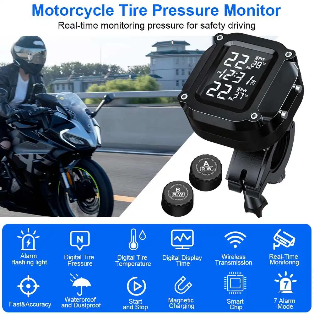 

Extractme Wireless TPMS Motorcycle Tyre Temperature Alarm Sensor USB Charging LCD Display Tire Pressure Monitoring System