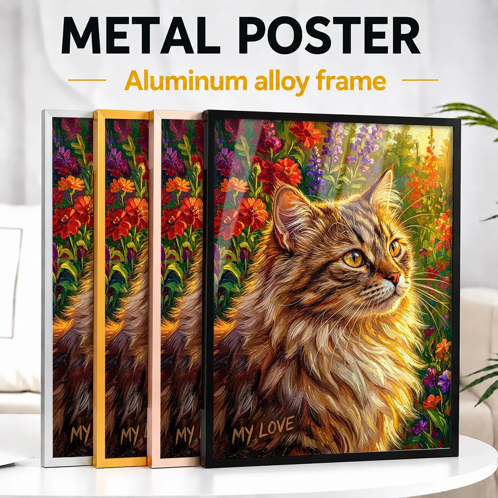 Fluffy Cat In A Flower Garden Metal Poster With Aluminum Alloy Frame Personalized Whimsical Pet Tribute Wall Art For Living Room