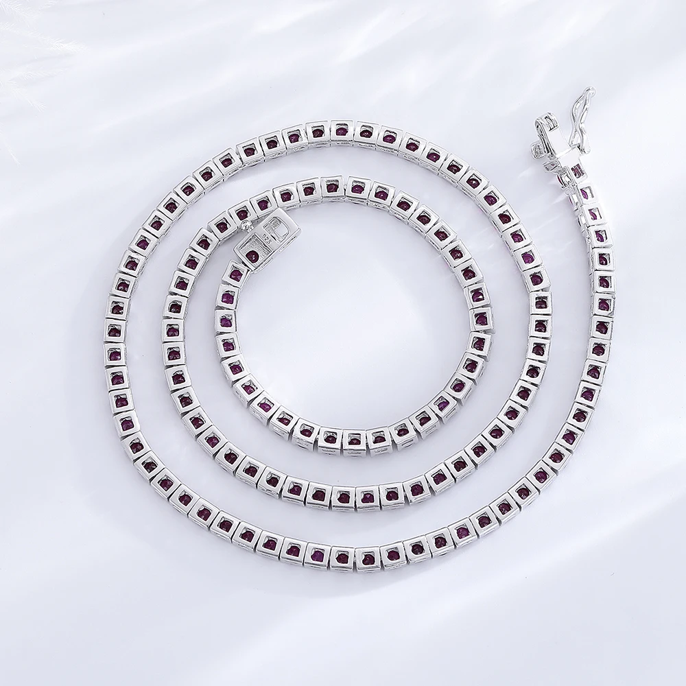 Real 925 Sterling Silver Tennis Necklace 16/18 Inch (41/45 cm) Pave 3mm Dark Ruby Red Cubic Zircon Fine Jewelry Choker Chain