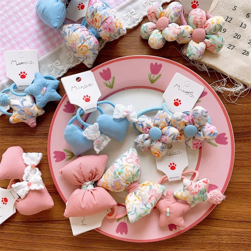 

Girls Hair Band New Fashion Heart Flower Bow Soft Elastic No Hurt for Ponytail Ties Set