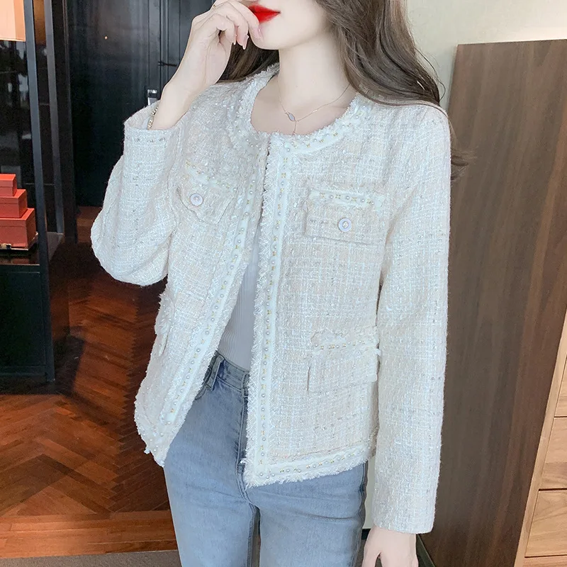 Pearl Round Neck Sweet Small Fragrance Coat Female New Autumn Winter Korea Chic Loose Slim White Tweed Short Jacket Women 1689