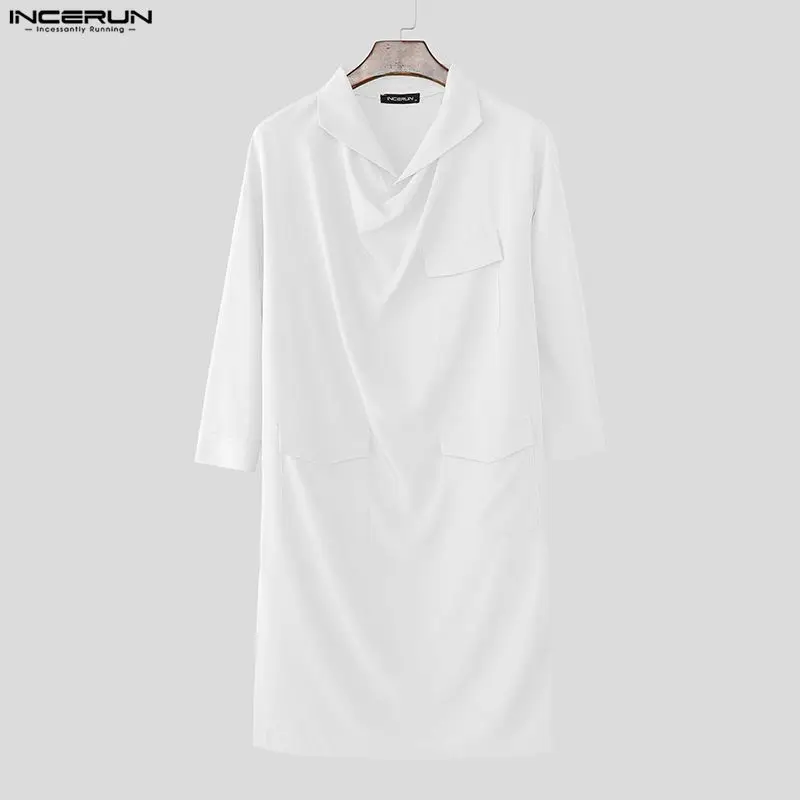 

INCERUN Men's Shirt Solid Stand Collar 3/4 Sleeve Pockets Men Clothes Camisa Streetwear Loose 2026 Casual Tops For Man Shirts