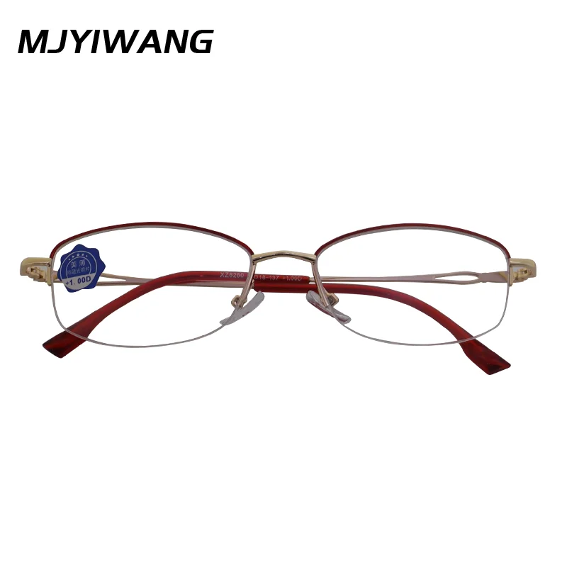 Ultraleichte Damen-Lesebrille, runder Halbrahmen, blaues Licht blockierend, dünne Metallbügel, elegante Hyperopie-Brille