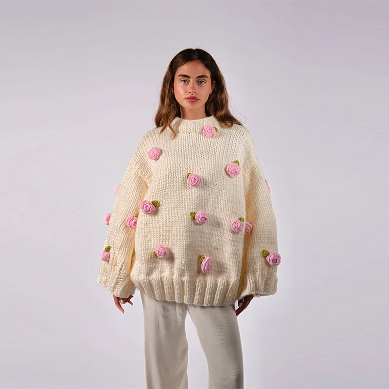 

Women's 3d Knitted Rose Round Neck Sweater Long Sleeves Oversize Tops Commuter Female Clothing 2025 Women's New Casual Clothes