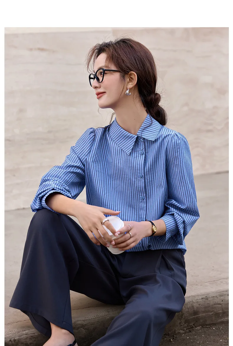 VIMLY Women's Blue Striped Shirt 2026 Spring New Irregular Placket Turn-Down Collar Long Sleeve Top Casual Commute Shirt A3711