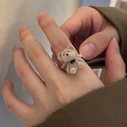 New Flocking Bear Open Ring Sweet Cute Bears Adjustable Rings Cartoon Index Finger Rings Handmade Niche Design Korean Jewelry