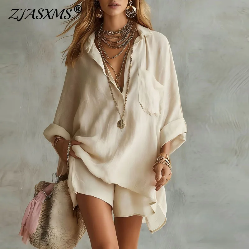 

Новый весенне-летний женский костюм: сексуальная рубашка с отложным воротником и шорты с высокой талией, комплект из двух предметов, повседневный пляжный наряд для отпуска в стиле Харадзюку