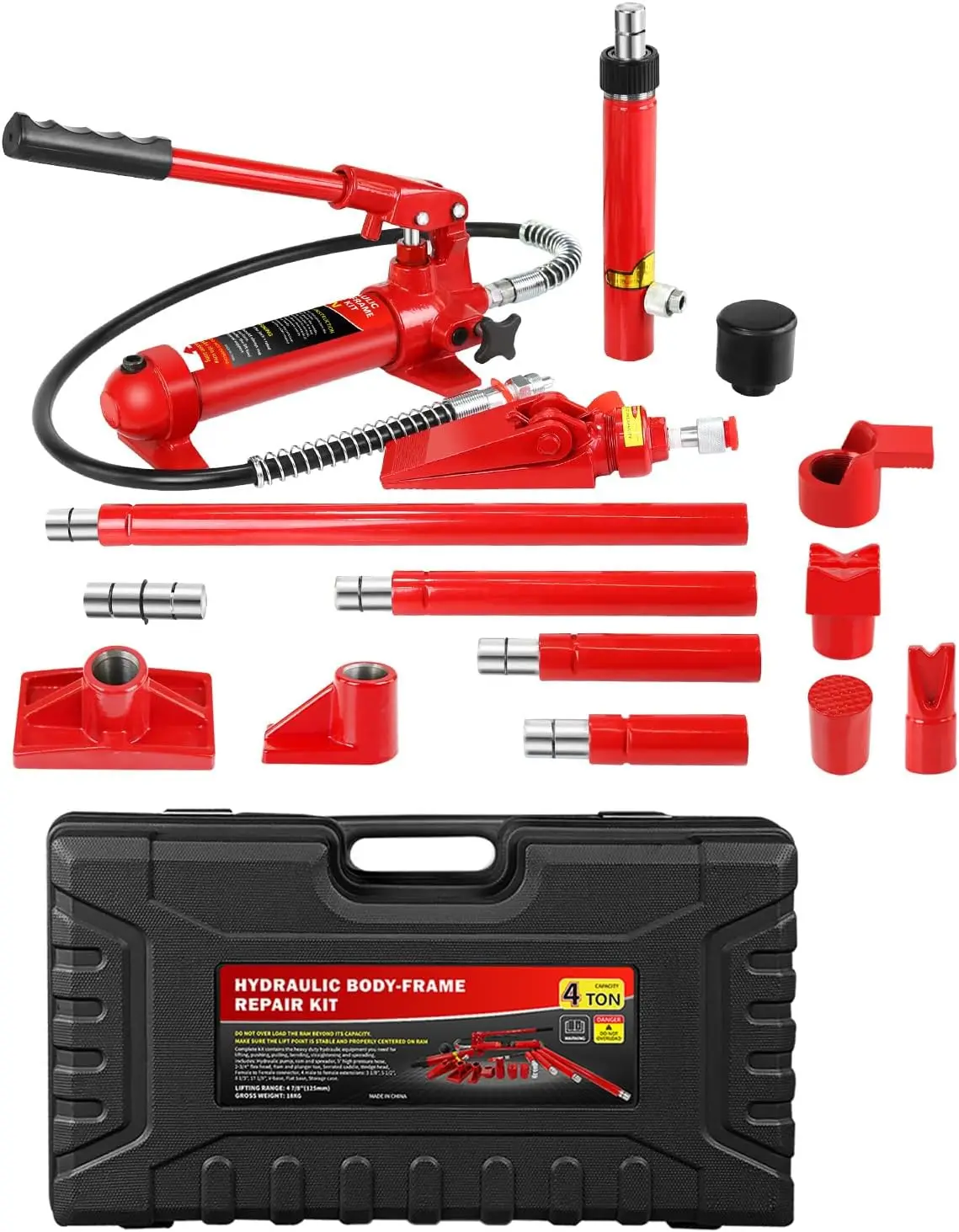

4 Ton Porta Power Hydraulic Jack Kit – Heavy Duty Car Lift with 17-Piece Accessories, 1.25M Hose & Sturdy Case